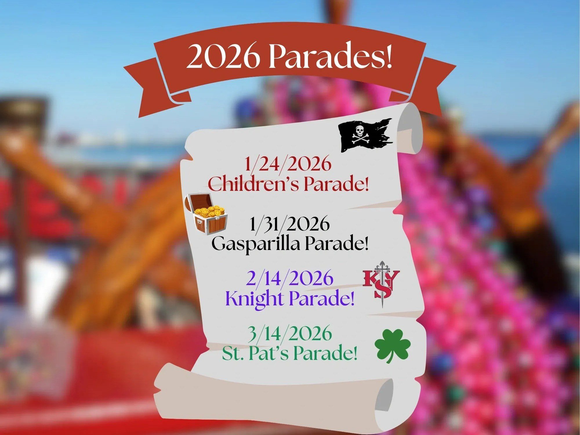 2026 parade schedule with festive symbols.