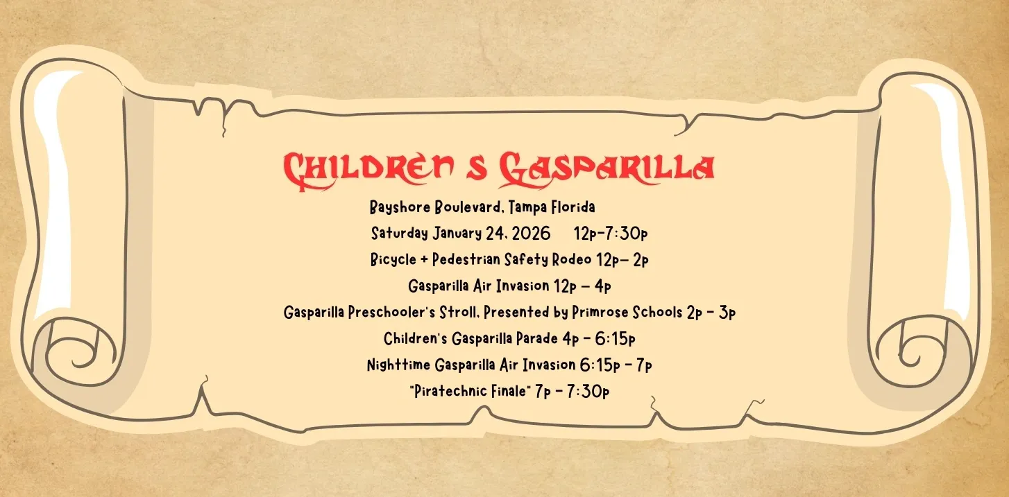 Children's Gasparilla event schedule scroll design.