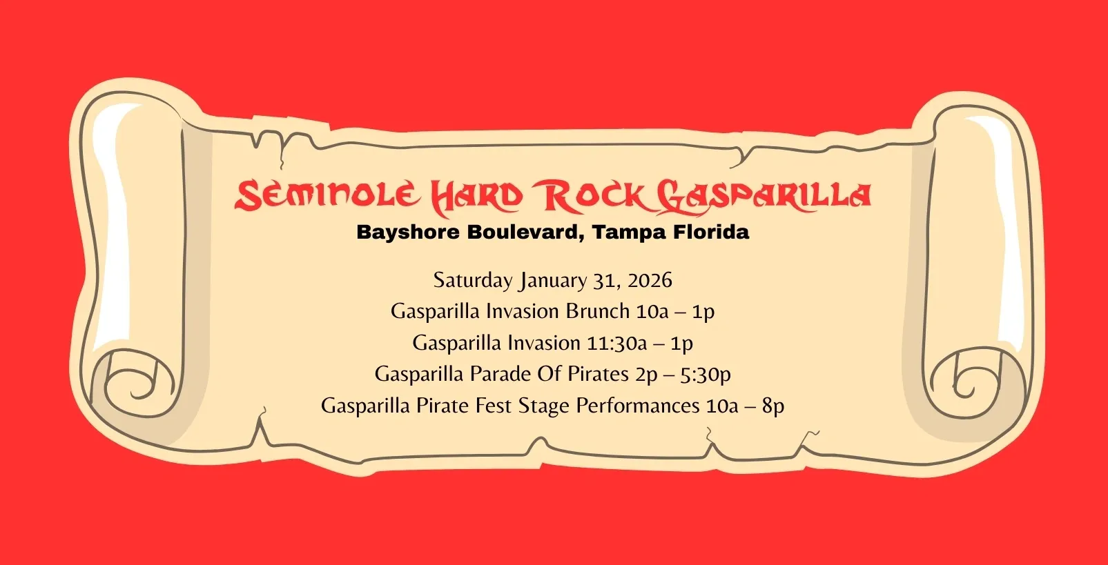Scroll with Gasparilla event schedule, red background.