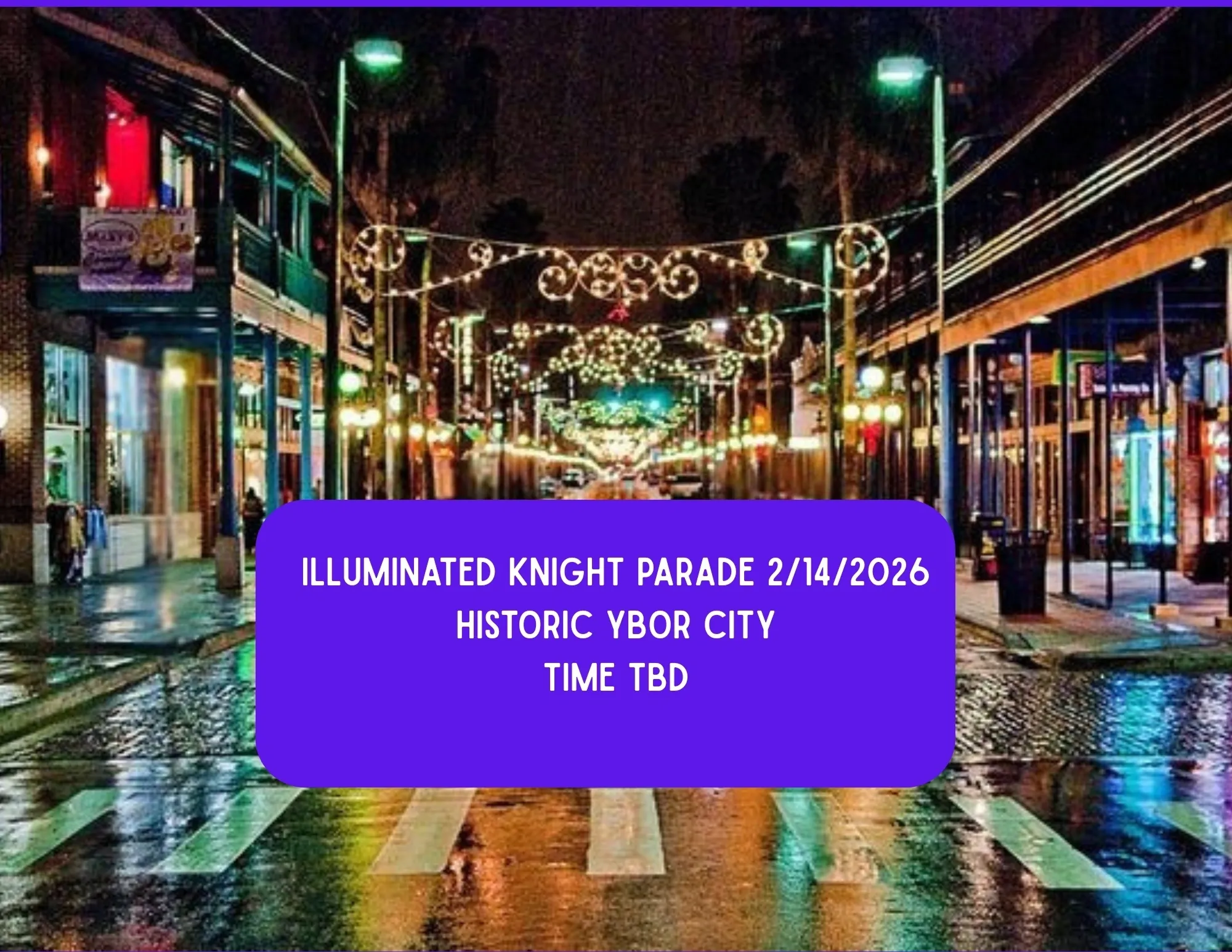 Street decorated for night parade event.